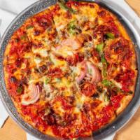 Pub Pizza · Our favorite toppings! Pepperoni, sausage, mushrooms, onions and green peppers on our 12” cr...
