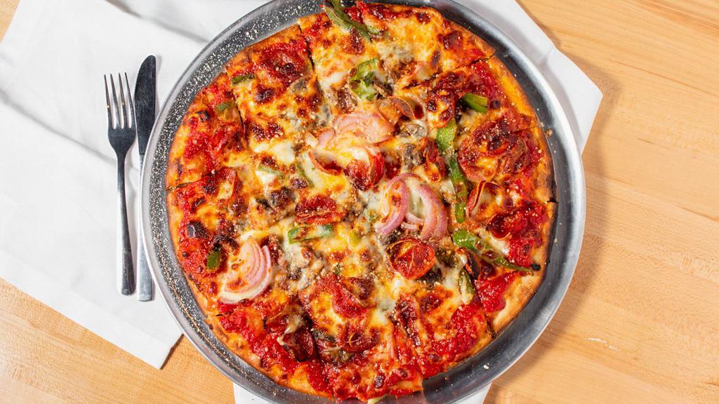 Pub Pizza · Our favorite toppings! Pepperoni, sausage, mushrooms, onions, and green peppers on our 12” crust.