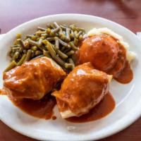 Stuffed Cabbage · Includes vegetable of the day, bread & butter. Choice of baked potato or fries. Choice of so...