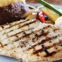 Grilled Chicken Breast Plate · Choice of Potato, Oven Roasted Vegetables, & French Bread