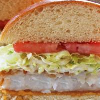 Fish Sandwich · Cod Filet, American Cheese, Tartar Sauce, Lettuce, Tomato, & a Pickle Spear