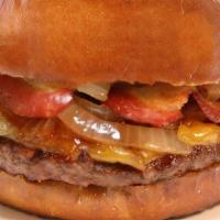 Bbq Bacon Cheeseburger · Cheddar Cheese, Bacon, Grilled Onion, BBQ Sauce, & a Pickle Spear