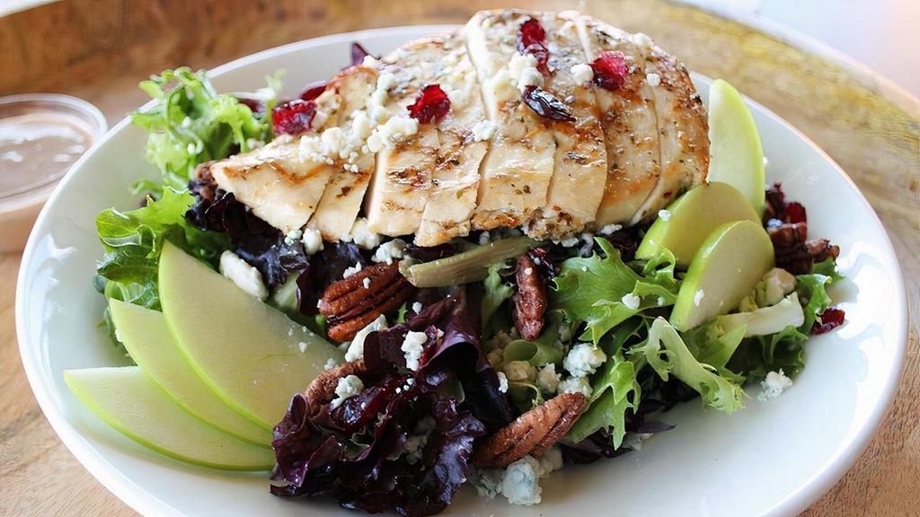 Apple Pecan Chicken · Mixed Greens, Granny Smith Apples, Spiced Pecans, Cranberries, Bleu Cheese & Balsamic Vinaigette Dressing