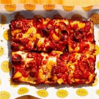 Aloha Friday · cupping pepperoni, sweet-roasted pineapple, spicy banana peppers,. topped with sriracha dabs...