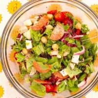 Chopped Salad · braised chicken, pepperoni, green leaf lettuce, radicchio, chopped mozzarella, roasted red p...