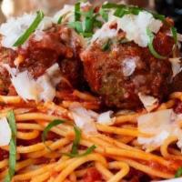 Spaghetti & Meatballs · Marinara, three roasted meatballs, parmesan, and basil.