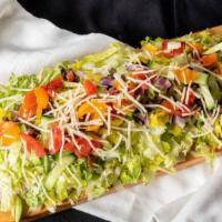 The Chixen Chop · Romaine Red Onion Cucumber Grape Tomatoes Black Olives Pickled Pepperoncini Parmesan Shreds ...