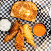 6 Chicken Fingers · Two sauces and toast.