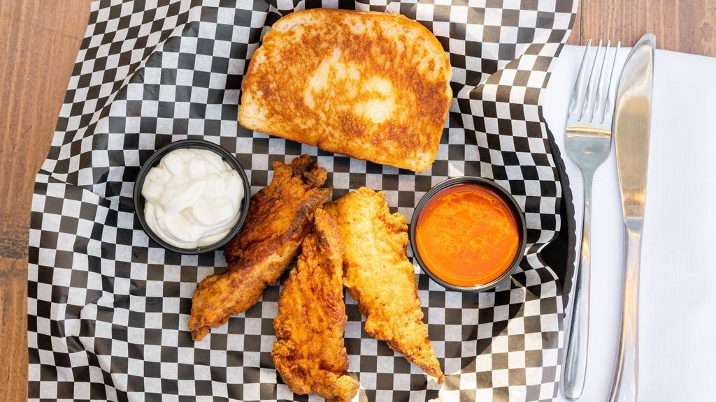 6 Chicken Fingers · Two sauces and toast.
