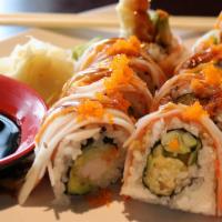 Ninja Roll · Shrimp tempura,cucumber,avocado inside, top with imitation crab sticks,masago,spicy mayo and...