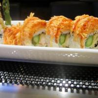 Yummy Roll · Shrimp tempura and asparagus inside, topped with spicy crab,finished with eel sauce