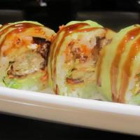 Godzilla Roll · Tempura soft shell crab,eel,cucumber,avocado,spicy crab wrapped with soy paper drizzled with...