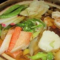 Seafood Udon Soup · Shrimp,scallop,white fish,crab sticks,fish cake,vegetables and udon noodles in a seafood sou...
