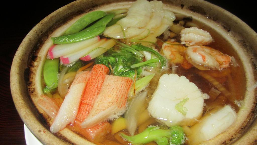 Seafood Udon Soup · Shrimp,scallop,white fish,crab sticks,fish cake,vegetables and udon noodles in a seafood soup broth