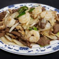 Mongolian Combo · Shrimp, beef and chicken.