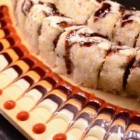 Godzilla Roll (Cooked) · Shrimp tempura, crab, avocado, cream cheese, spicy unagi sauce, tempura crumbs, wasabi mayo,...