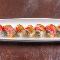 Sasuke Trio Tuna Roll · Spicy mayo tuna, super white tuna, white tuna, avocado masago.