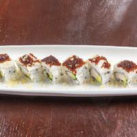 Kakashi Roll · Super white tuna, tempura crumbs, avocado, black tobiko, mayo.