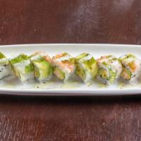 Green Turtle Roll (Cooked) · Ebi tempura, avocado, asparagus, ebi, wasabi tobiko.