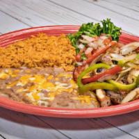 Fajita Lunch · Beef or chicken with onions and bell pepper. Served with pico de gallo and two sides. Add gu...