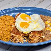 Enchiladas Rancheras · Two beef, chicken or cheese enchiladas with ranchera, cheese and two eggs on top. Served wit...