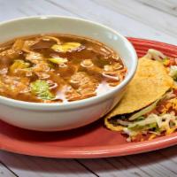 Chicken Tortilla Soup · Chicken tortilla soup and your choice of one enchilada or one taco. No sides.