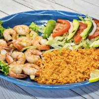 Camaron Al Mojo De Ajo · Shrimp cooked in our special garlic sauce. Served with rice and salad.