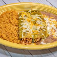 Enchiladas Verdes · Two chicken, beef or cheese enchiladas with green sauce and cheese on top. Served with two s...