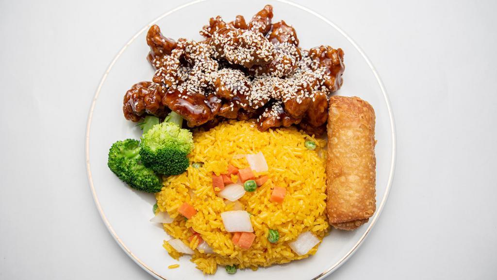 Sesame Chicken · Served with chicken fried rice.