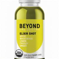 Elixir Shot · Wheat grass, Lemon, Ginger, Parsley, and Apple. 15 cal