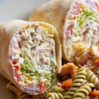 Chicken Salad Wrap · Our chicken salad and almonds with cheddar jack, lettuce, tomato, and onion.