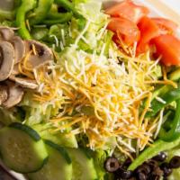 Large Garden Salad · Cheddar jack, tomato, black olive, green pepper, cucumber, onion and mushroom.