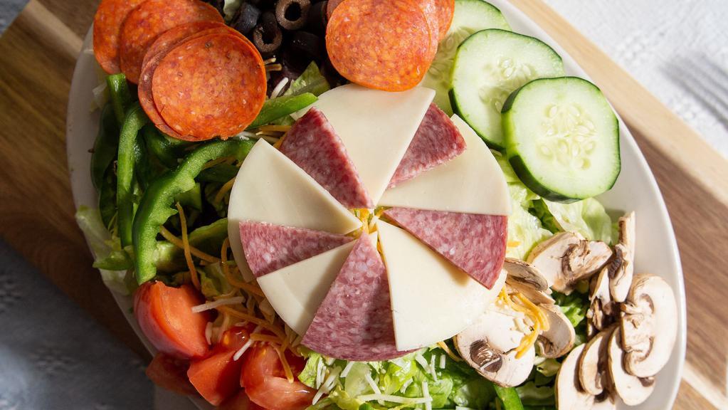 Antipasto Salad · Pepperoni, salami, mozzarella, provolone, tomato, black olive, green pepper, onion and mushroom.