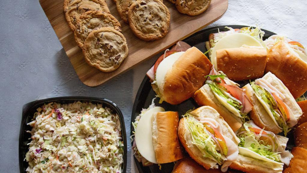 Sub Tray Plus+ (12 Servings) · Includes our standard Sub Tray, plus+ a deli side & chocolate chip cookies for twelve.