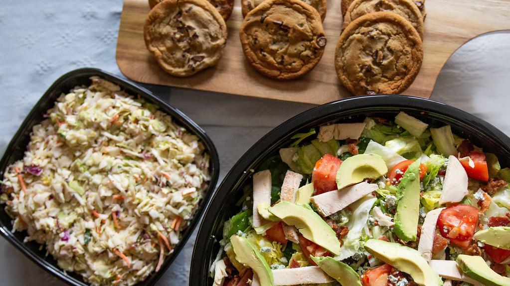 Salad Tray Plus+ (12 Servings) · Includes our standard Salad Tray, plus+ a deli side & chocolate chip cookies for twelve.