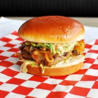 Fuego Burger · 1/3 lb. Charred. With grilled jalapeños, lettuce, tomato, grilled onion, guacamole, chipotle...