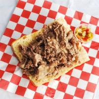 Italian Beef · Thinly Sliced roast beef, simmered and slow-cooked, served with giardiniera, au jus, and swe...