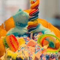 Unicorn Bubble Waffle · Vanilla gelato with cotton candy, unicorn sprinkles, marshmallows, rainbow ears and lollipop...