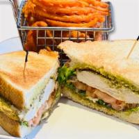 Pesto Chicken · All natural antibiotic free chicken with lettuce, tomato, red onion, and pesto, served on to...