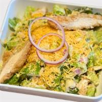 Ranch Chicken  · Romaine lettuce, breaded chicken, onion, cheddar cheese, and ranch dressing in a salad or sp...