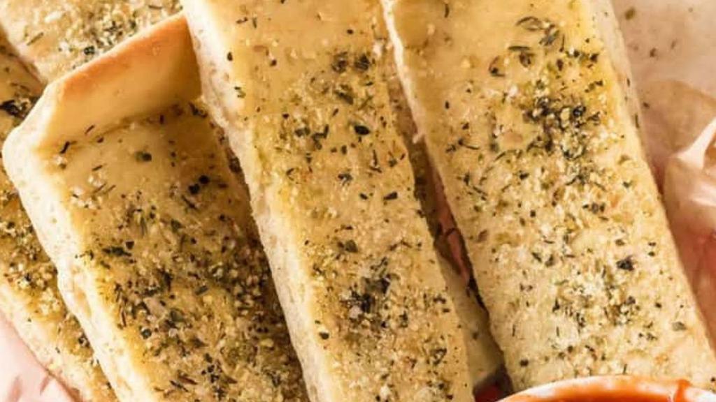 Garlic Breadsticks · Brushed with garlic butter, topped with mozzarella cheese and sprinkled with Parmesan. Choice of 5 pieces or 10 pieces.
