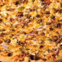 Bacon Cheeseburger Pizza · The original bacon cheeseburger pizza - beef, bacon, onion and mustard topped with cheddar a...