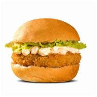 Crispy Chicken Burger · Crispy chicken with lettuce, corn, pickle, mayo and ranch, served with fries.