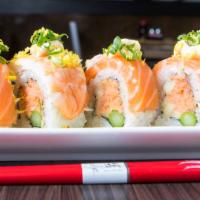 Sakura Roll · Spicy tuna, asparagus, cucumber topped w/ salmon, steamed shrimp, Japanese mayo, green onion...