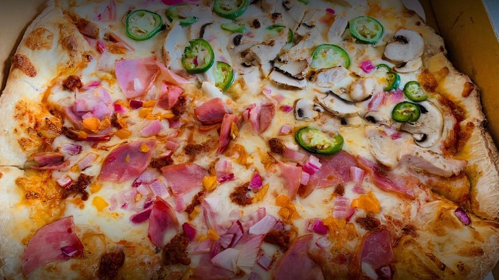 Build Your Own · Toppings: banana peppers, black olives, green peppers, pineapple, habaneros, jalapeños, mushrooms, onions, tomatoes. Meats: bacon, Canadian bacon, chorizo, pepperoni, sausage, chicken.