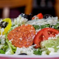 Antipasto Salad · Fresh chopped romaine lettuce, pepperoni, black olives, mozzarella cheese, red onions, tomat...