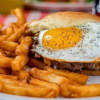 Milwaukee'S Best Burger · Cheddar cheese, bacon, topped with egg sunny side up.