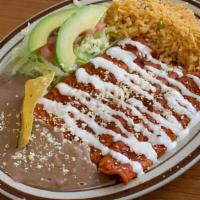 Cheese Enchiladas · Three enchilada served with rice, beans, and red or green salsa.