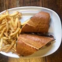 French Dip · Roast beef with Provolone and au jus dipping sauce. +ADD caramelized onions, mushrooms or fr...
