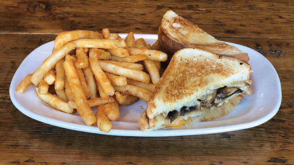Over The Top Grilled Cheese · Three slices white bread, cheddar, Swiss, Monterey Jack and provolone cheeses, mushrooms and fire roasted onions. +ADD Bacon for 2.00